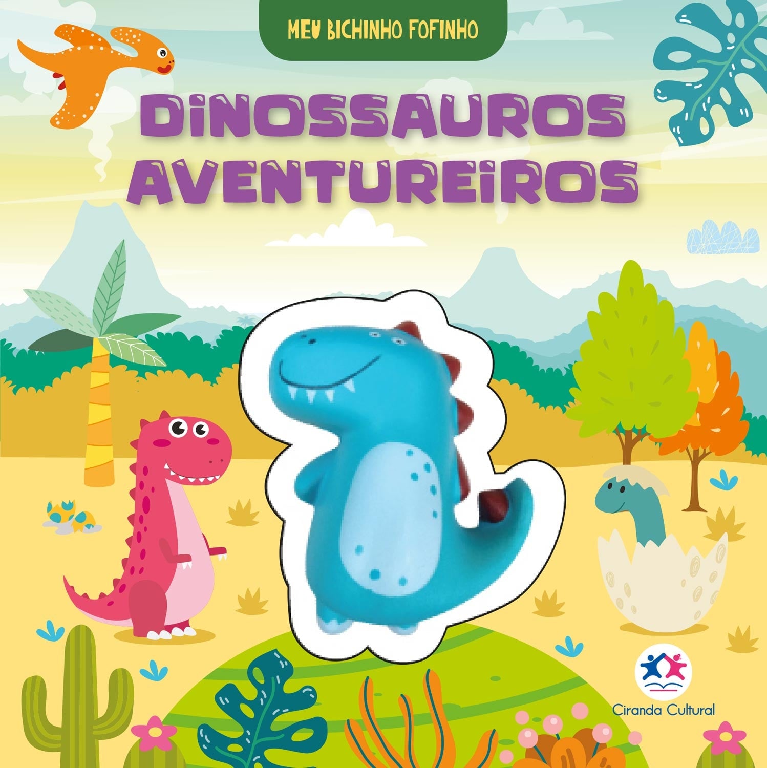 Livro infantil "Dinossauros aventureiros" com bichinho fofinho, capa verde com dinossauros e árvores. — Plenitude