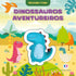 Livro infantil "Dinossauros aventureiros" com bichinho fofinho, capa verde com dinossauros e árvores. — Plenitude