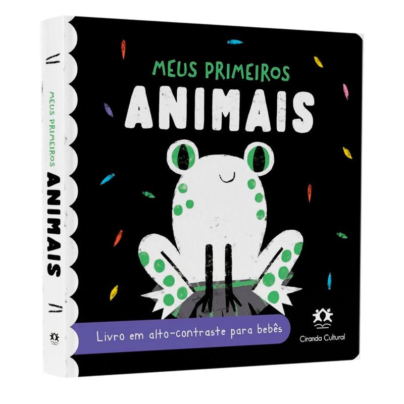 Livro infantil Meus Primeiros Animais, Ciranda Cultural, capa preta com sapo branco e verde. — Plenitude