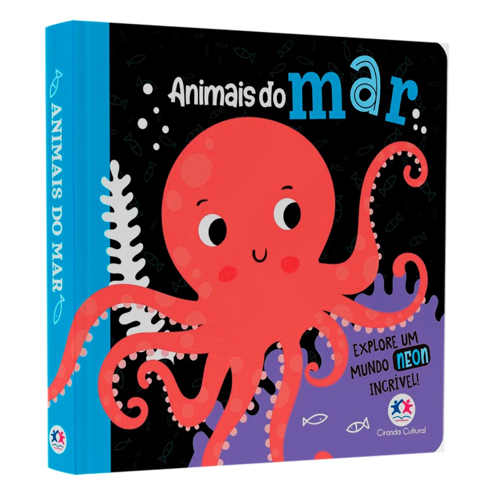 Livro cartonado "Animais do Mar" com capa preta e polvo vermelho neon. — Plenitude