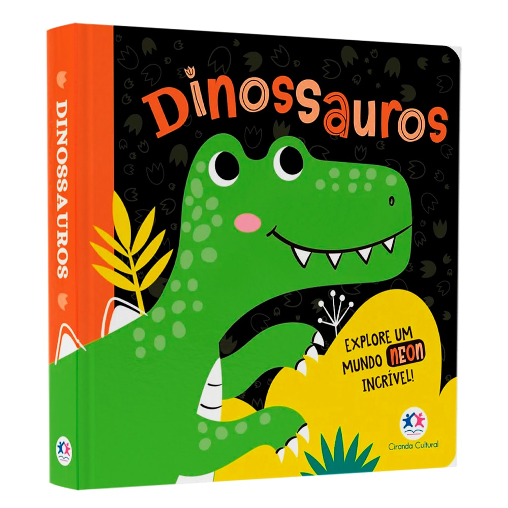 Livro cartonado "Dinossauros" com capa preta e verde neon, dinossauro sorridente e folhagens. — Plenitude