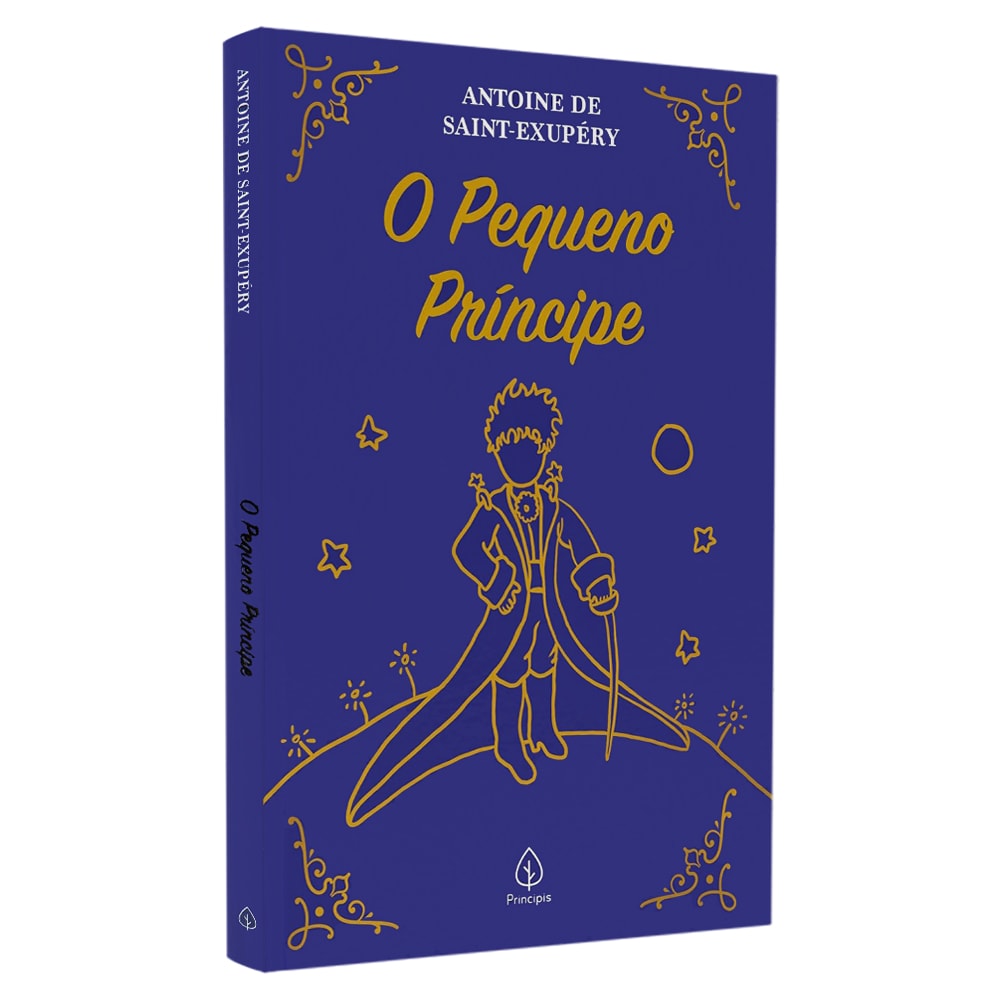 Livro O Pequeno Príncipe, Antoine de Saint-Exupéry, Principis, capa almofadada azul com ilustração dourada. — Plenitude