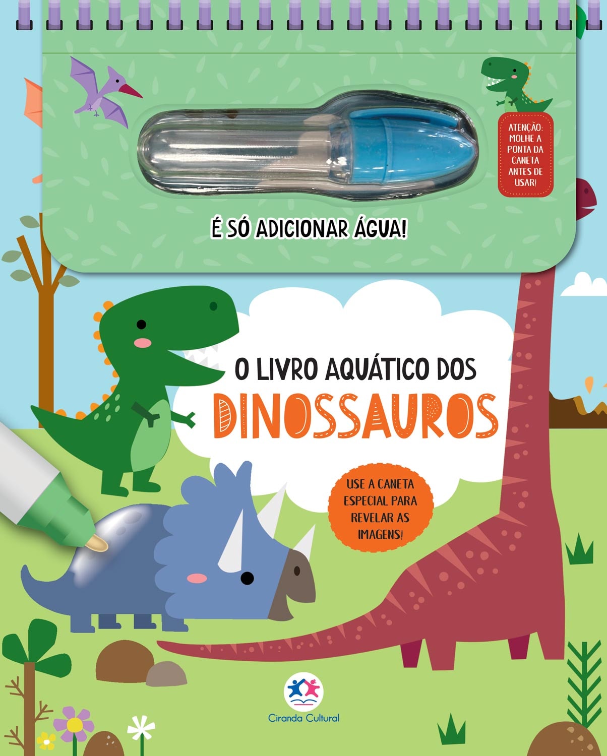 Livro aquático "Dinossauros" com caneta mágica, capa verde com dinossauros coloridos e paisagem pré-histórica. — Plenitude