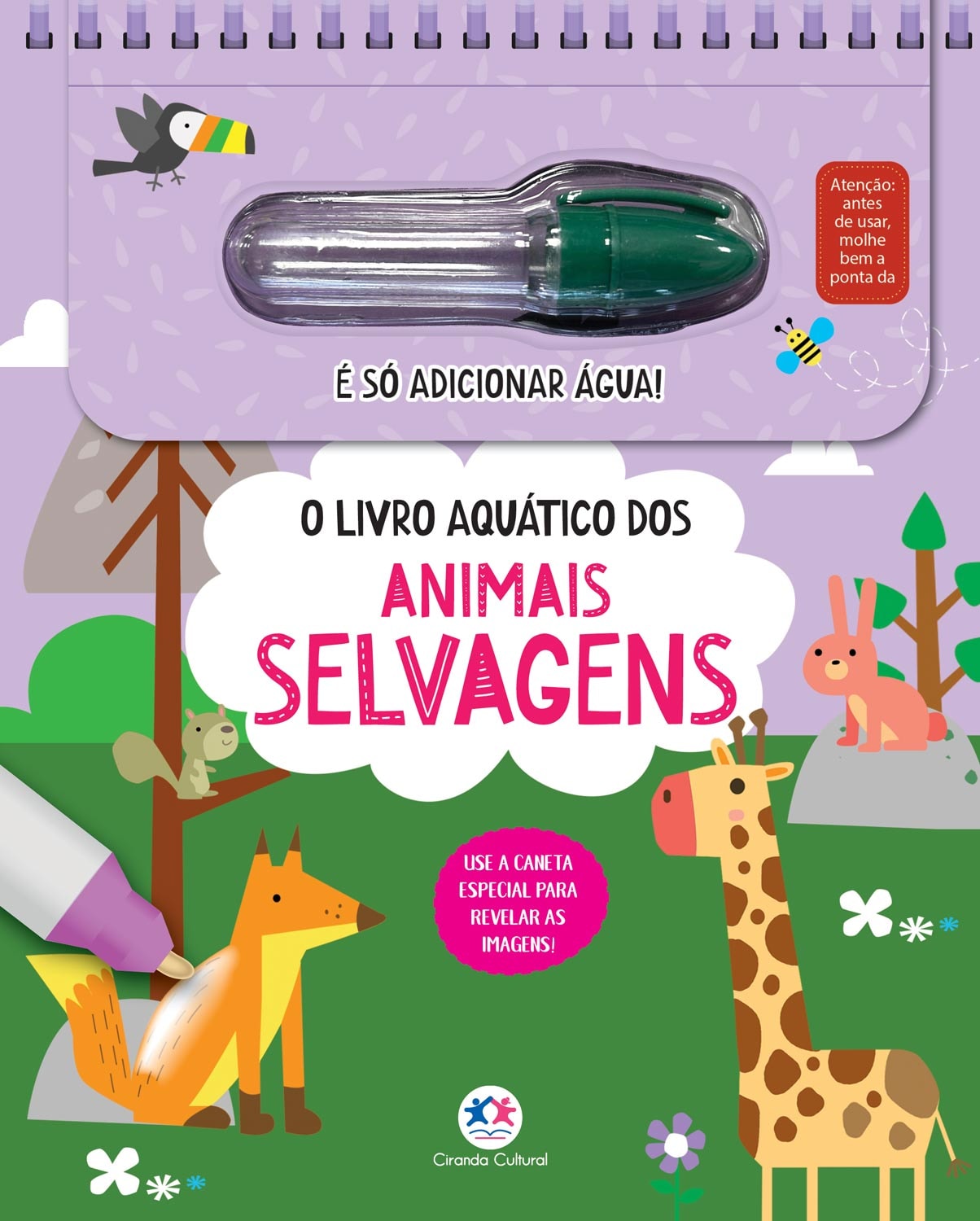 Livro aquático "Animais Selvagens" com caneta mágica, capa roxa com raposa, girafa e tucano. — Plenitude