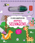 Livro aquático "Animais Selvagens" com caneta mágica, capa roxa com raposa, girafa e tucano. — Plenitude