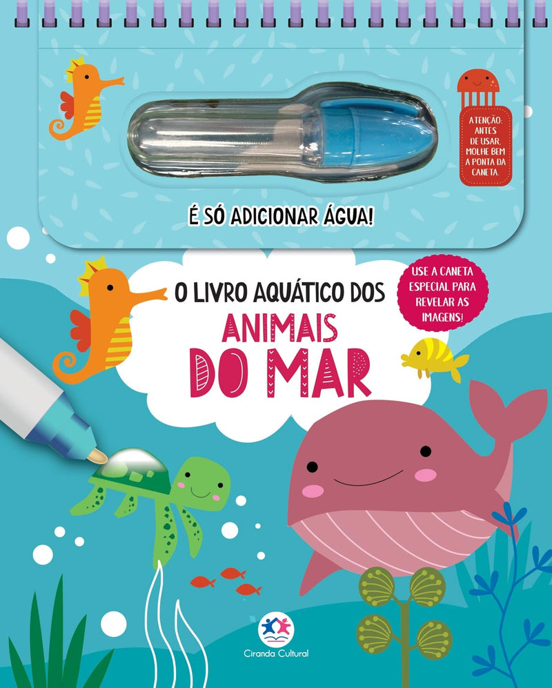 Livro aquático O livro aquático dos animais do mar, capa azul com animais marinhos e caneta. — Plenitude