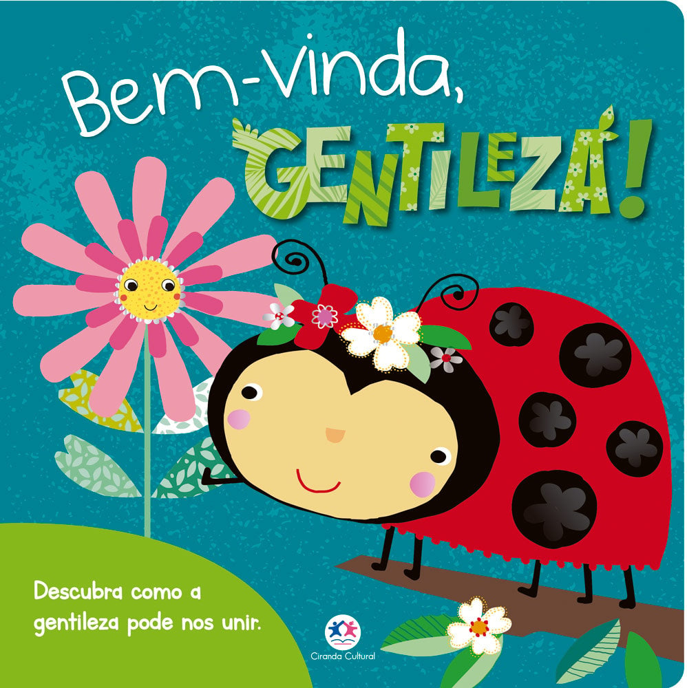 Livro infantil "Bem-vinda, gentileza!" com capa verde-água e joaninha sorridente. — Plenitude