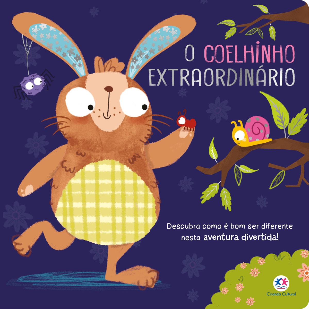 Livro infantil "O coelhinho extraordinário", capa roxa com coelho marrom, insetos e flores. — Plenitude