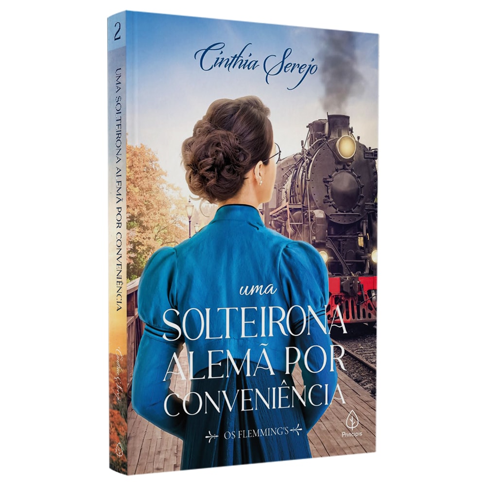 Livro "Uma Solteirona Alemã Por Conveniência" com capa azul, mulher de costas e trem a vapor. — Plenitude