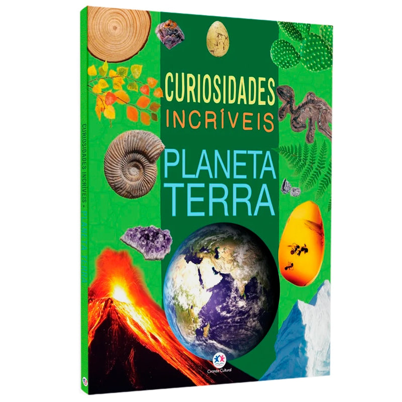 Livro "Curiosidades Incríveis | Planeta Terra", capa dura verde com imagens de elementos naturais e o planeta. — Plenitude