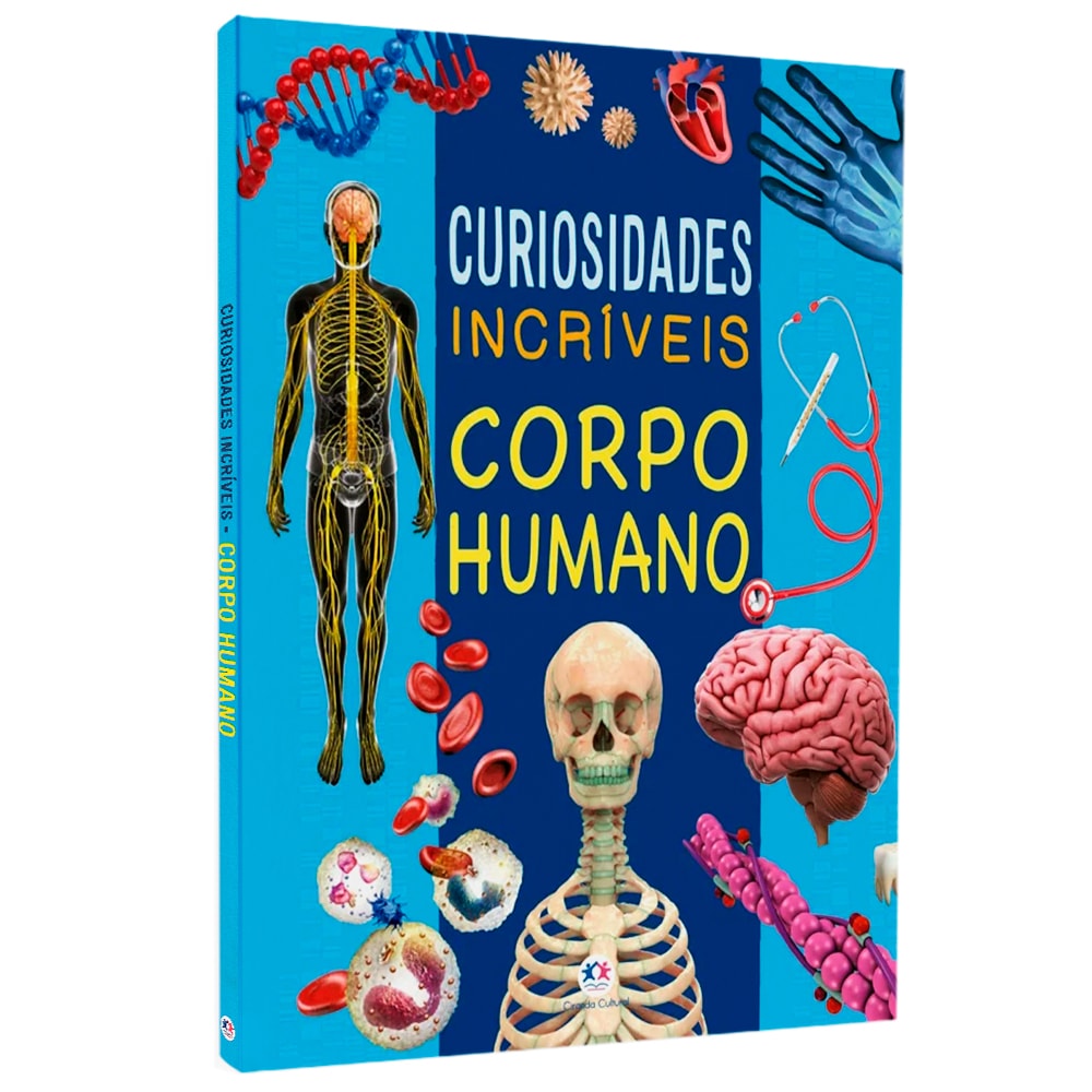 Livro "Curiosidades Incríveis | Corpo Humano" com capa azul e ilustrações de órgãos e sistemas do corpo humano. — Plenitude