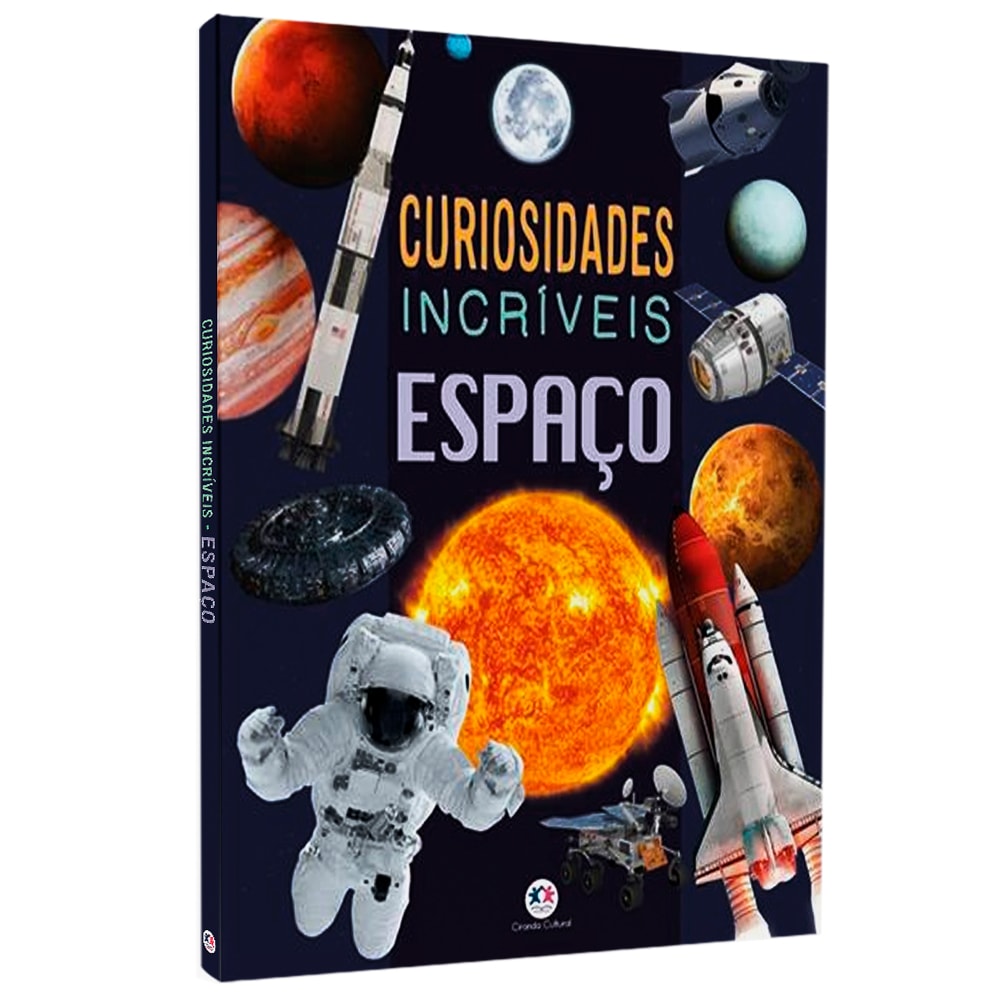 Livro "Curiosidades Incríveis Espaço" com capa escura e ilustrações de planetas e naves. — Plenitude