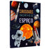 Livro "Curiosidades Incríveis Espaço" com capa escura e ilustrações de planetas e naves. — Plenitude