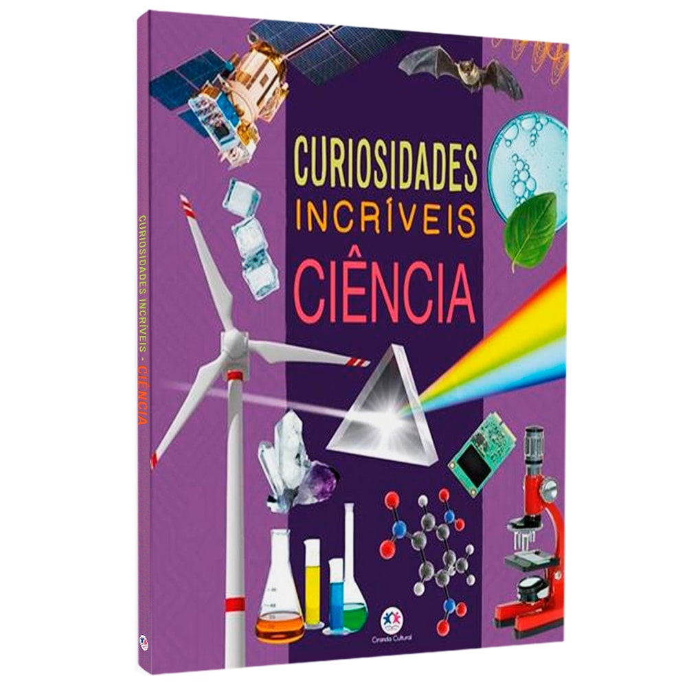 Livro "Curiosidades Incríveis Ciência" com capa roxa e ilustrações de elementos científicos. — Plenitude