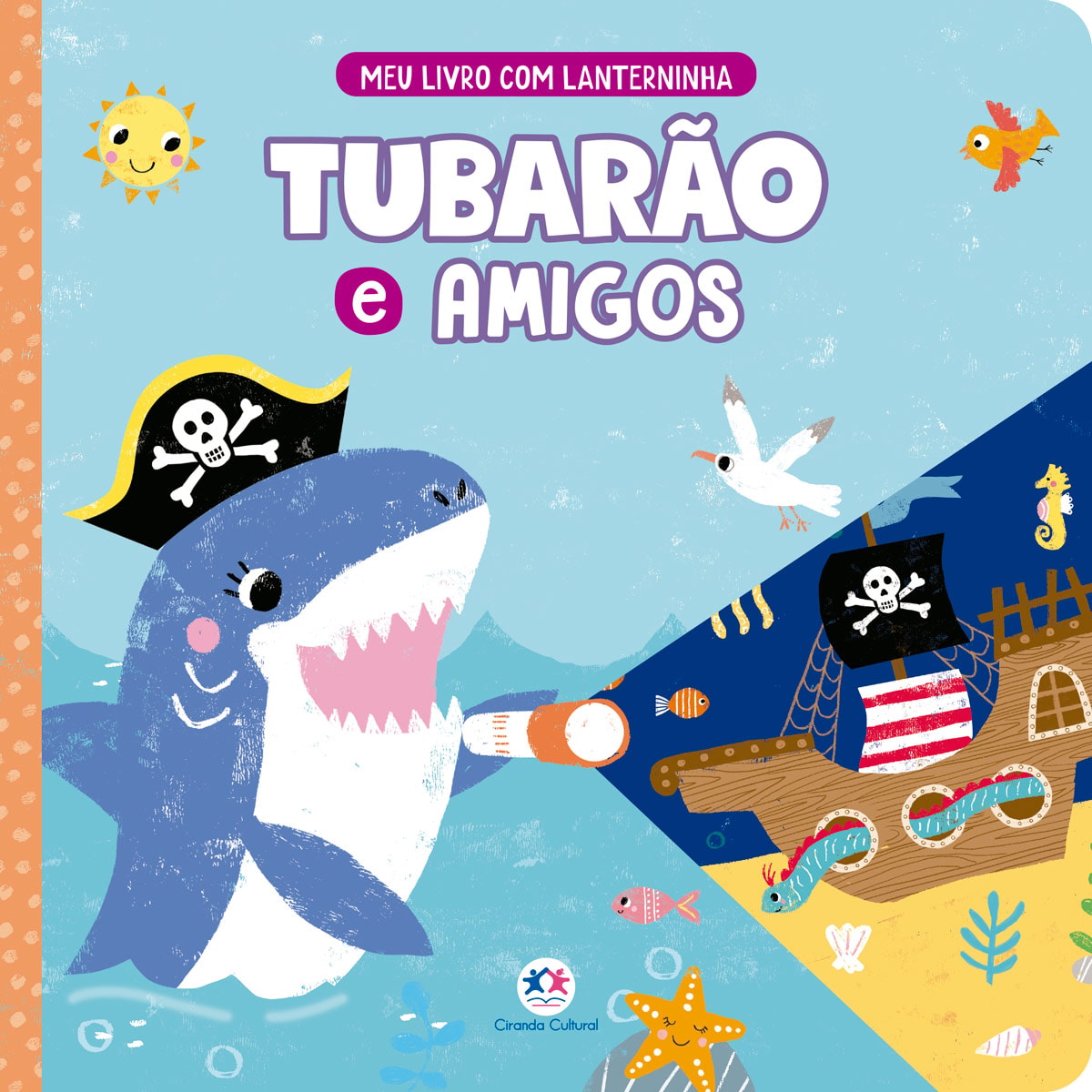 Livro infantil "Tubarão e amigos" com capa ilustrada de tubarão pirata e navio. — Plenitude