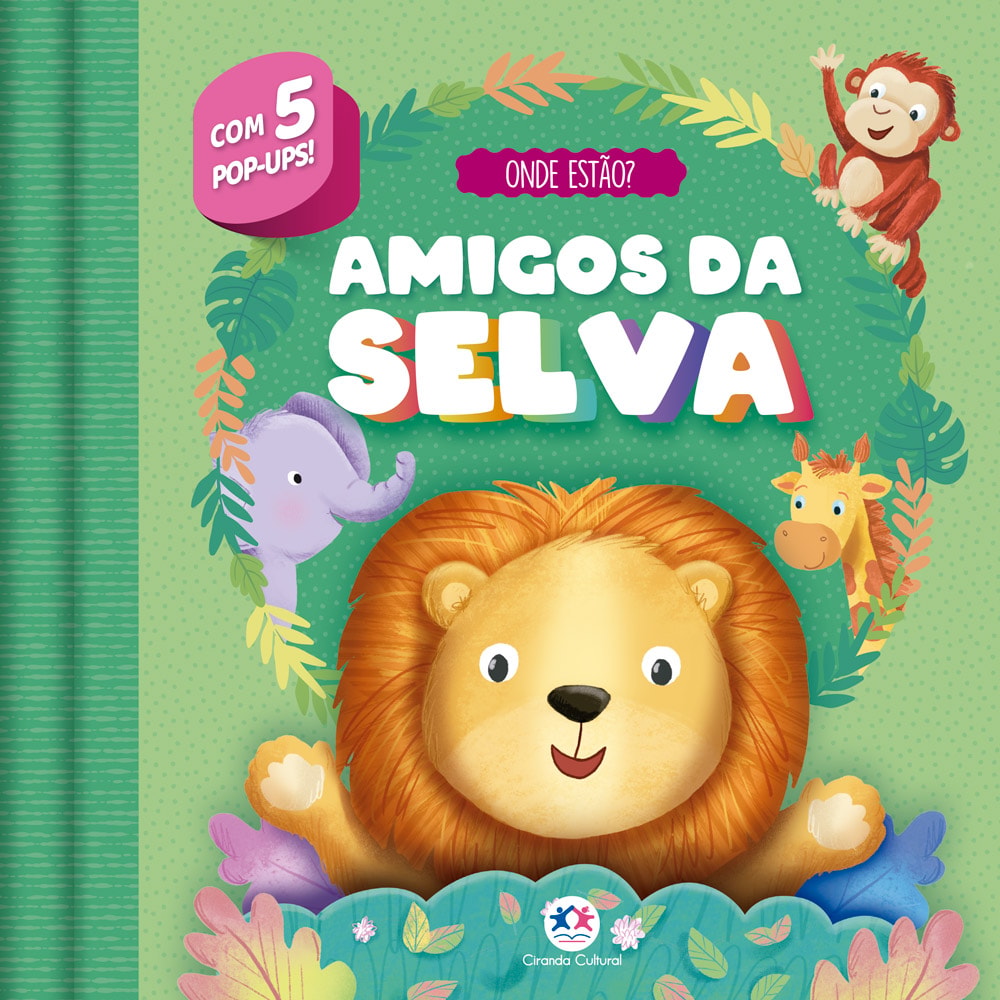 Livro infantil Amigos da Selva, capa verde com leão, elefante, girafa e macaco, e texto "Com 5 pop-ups!". — Plenitude