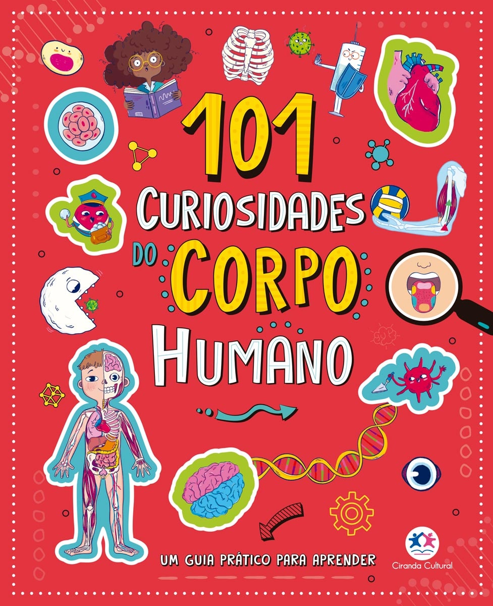 Livro infantil 101 Curiosidades do Corpo Humano, capa vermelha com ilustrações divertidas do corpo humano. — Plenitude