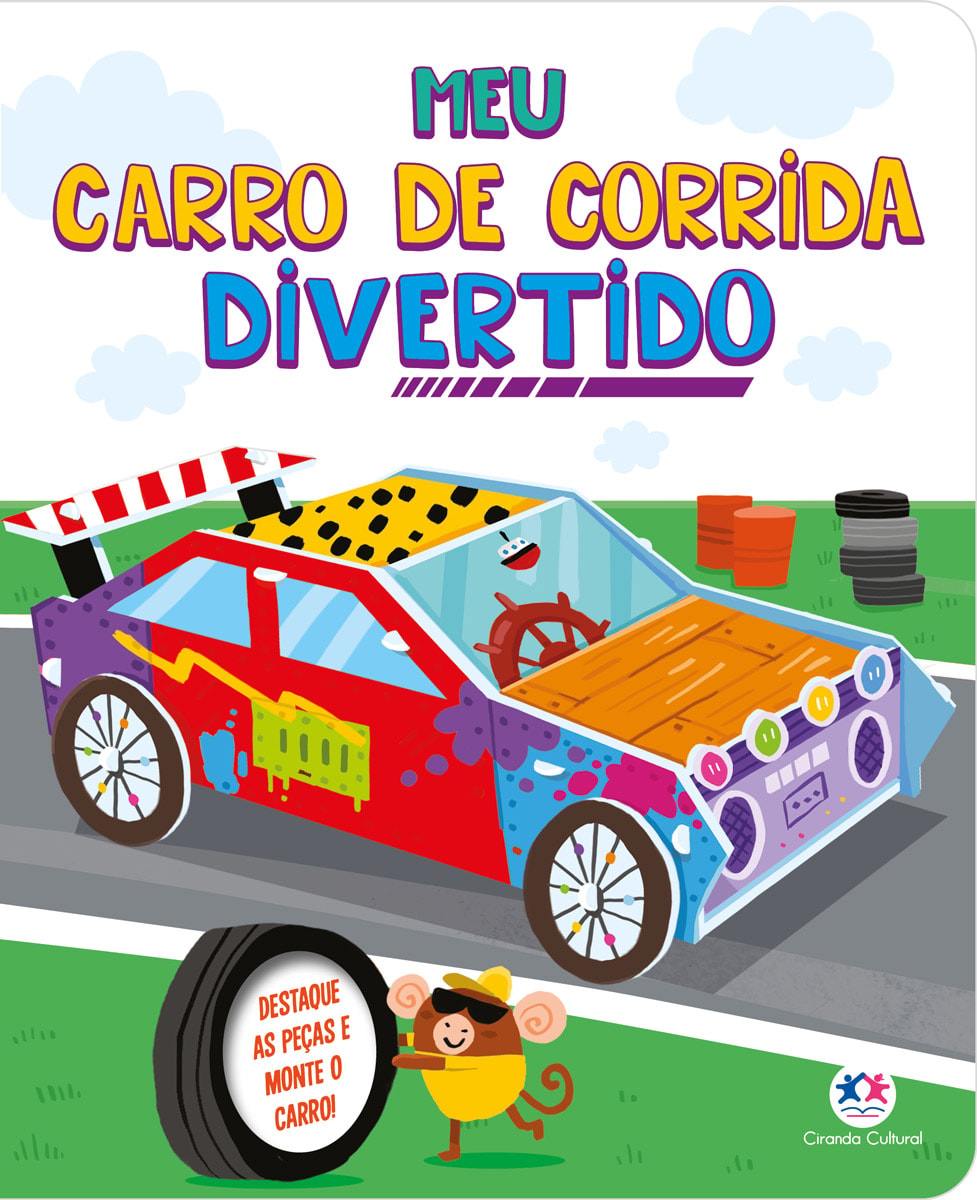 Livro Meu carro de corrida divertido, capa branca com carro colorido e macaco. — Plenitude