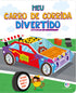 Livro Meu carro de corrida divertido, capa branca com carro colorido e macaco. — Plenitude