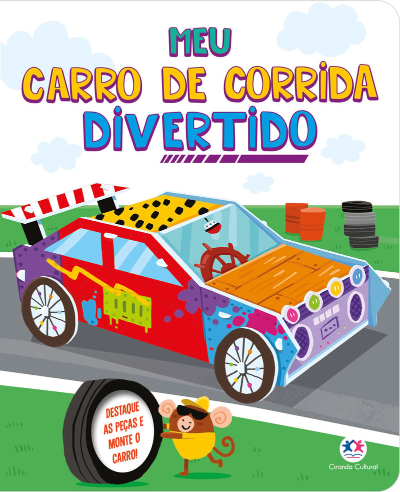 Livro Meu carro de corrida divertido, capa branca com carro colorido e macaco. — Plenitude
