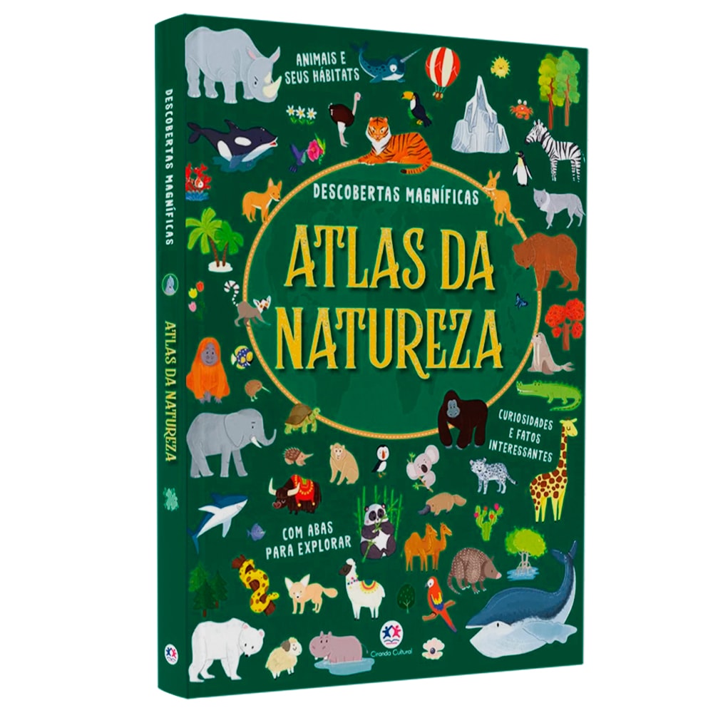 Livro infantil "Descobertas Magníficas | Atlas da Natureza" com capa verde e ilustrações de animais. — Plenitude