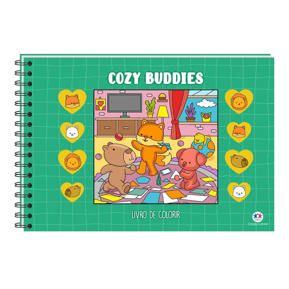 Livro de colorir Cozy Buddies, Comfy Goods, capa verde com urso, raposa e cachorro em sala. — Plenitude