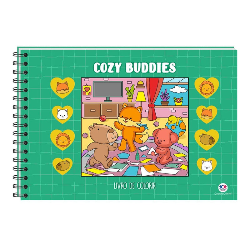 Livro de colorir Cozy Buddies, Comfy Goods, capa verde com urso, raposa e cachorro em sala. — Plenitude