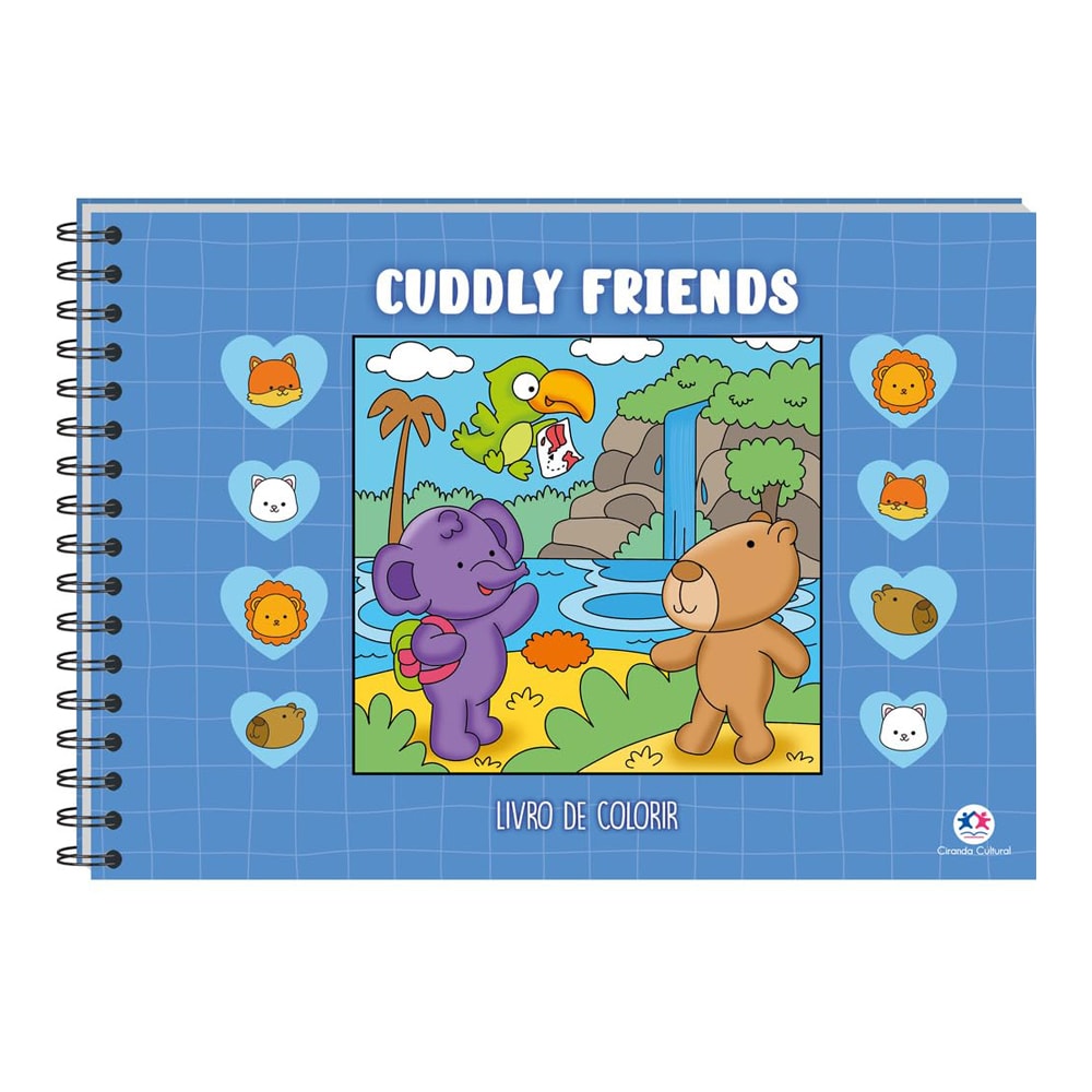 Livro de colorir Cuddly Friends, Comfy Goods, capa azul com elefante, urso e papagaio na natureza. — Plenitude