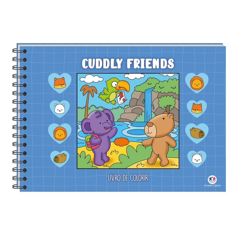 Livro de colorir Cuddly Friends, Comfy Goods, capa azul com elefante, urso e papagaio na natureza. — Plenitude