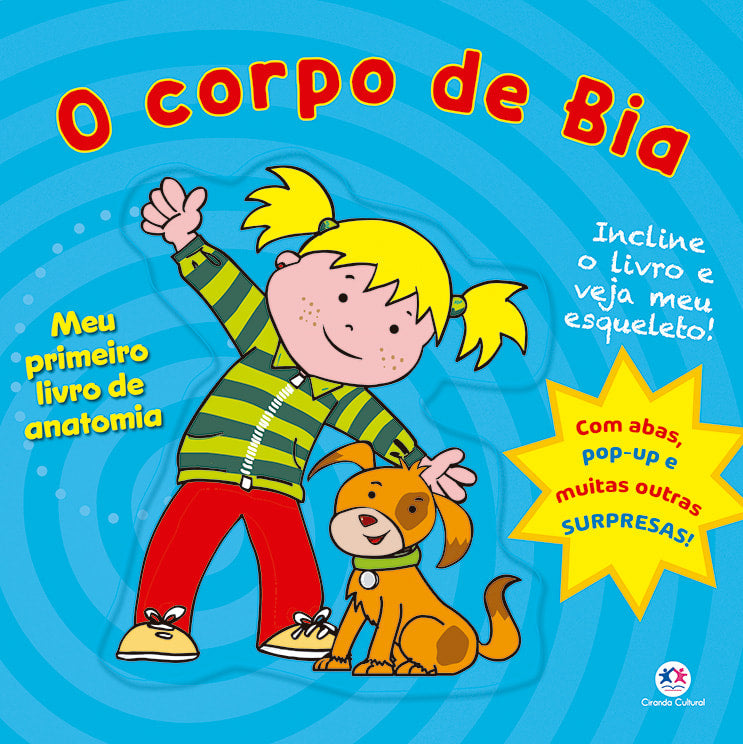 Livro O corpo de Bia, capa azul com menina e cachorro, livro de anatomia infantil. — Plenitude
