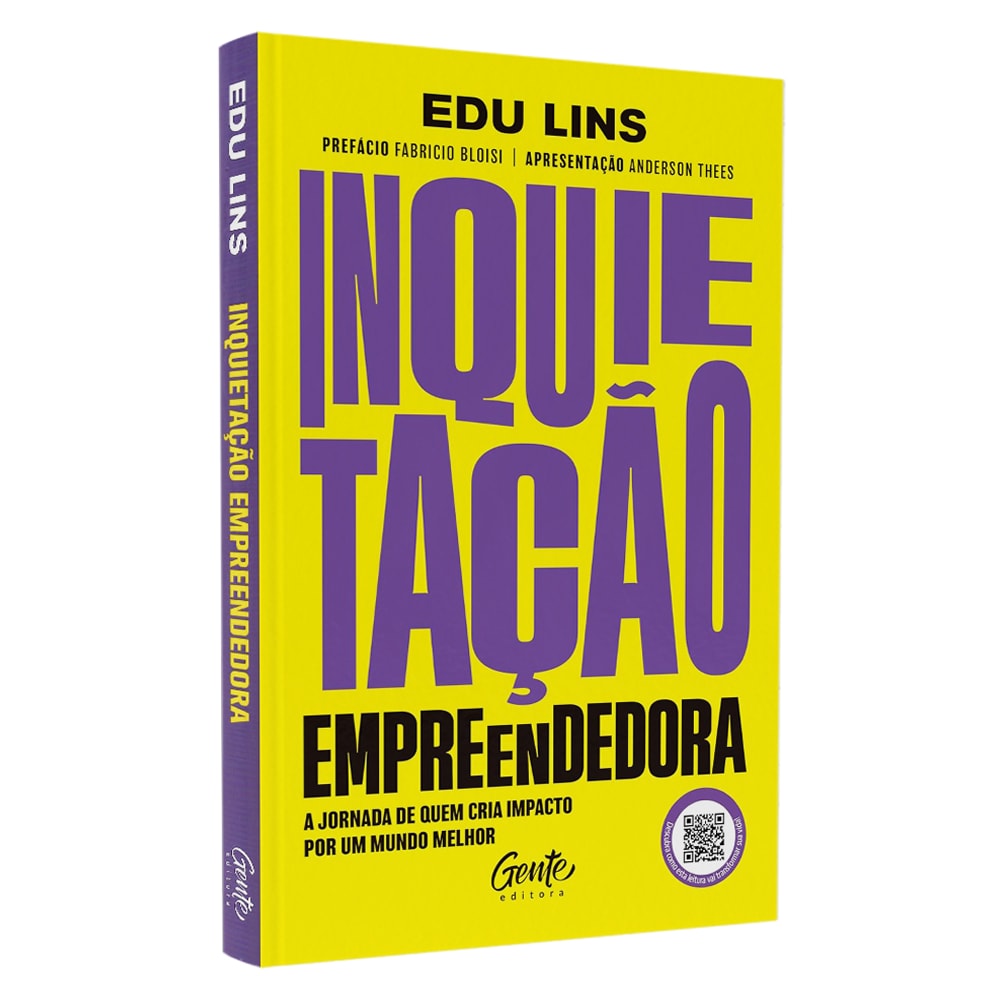 Livro "Inquietação Empreendedora" de Edu Lins, capa amarela com título roxo. — Plenitude