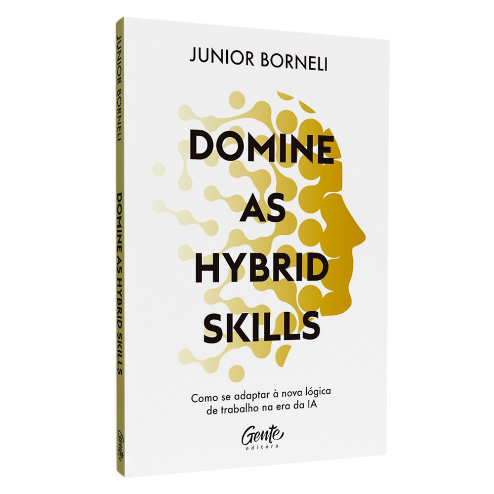 Livro Domine as Hybrid Skills de Junior Borneli, capa branca com silhueta de cabeça e pontos amarelos. — Plenitude