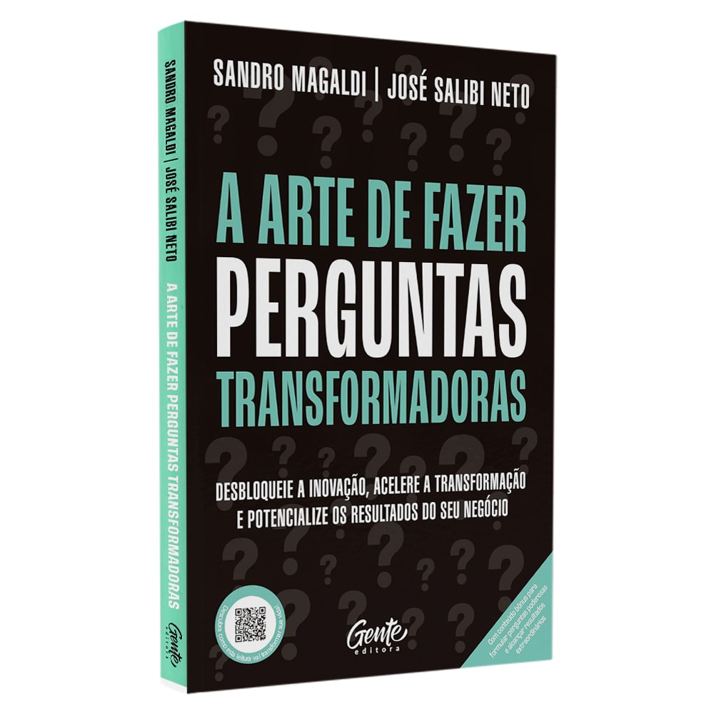 Livro de capa dura verde-água com título "A Arte de Fazer Perguntas Transformadoras" em branco e preto. — Plenitude
