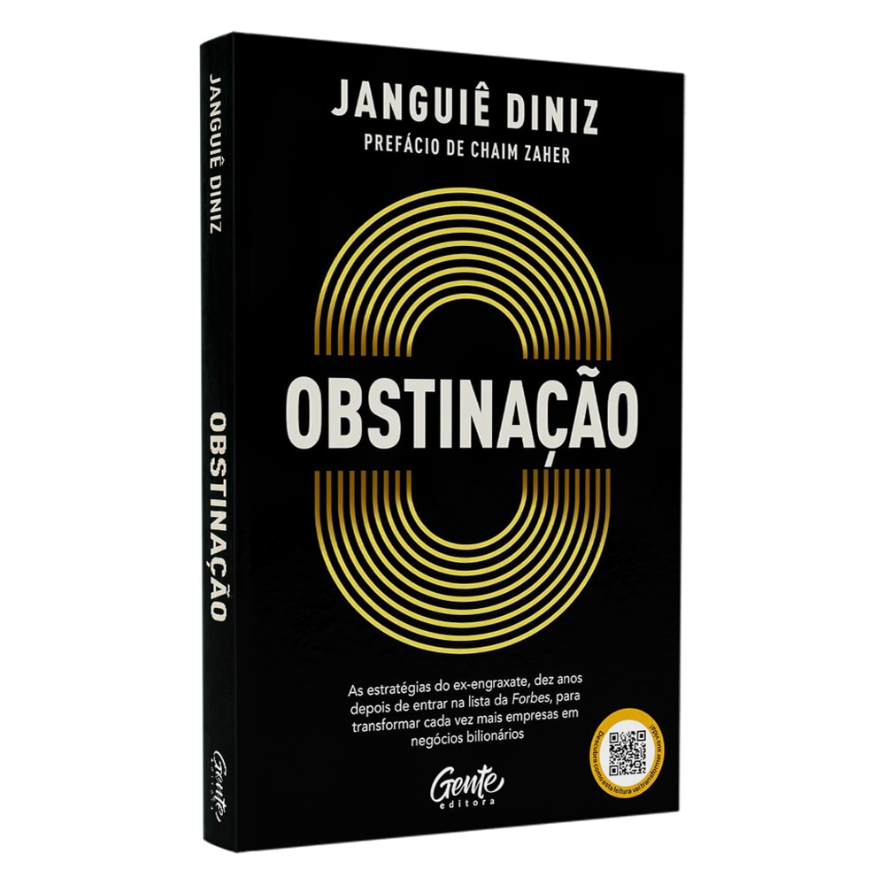 Livro "Obstinação" de Janguiê Diniz, capa preta com anéis dourados e título em amarelo. — Plenitude