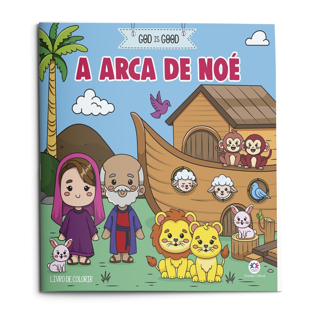 Livro de colorir "A Arca de Noé", capa colorida com personagens bíblicos, animais e a arca. — Plenitude