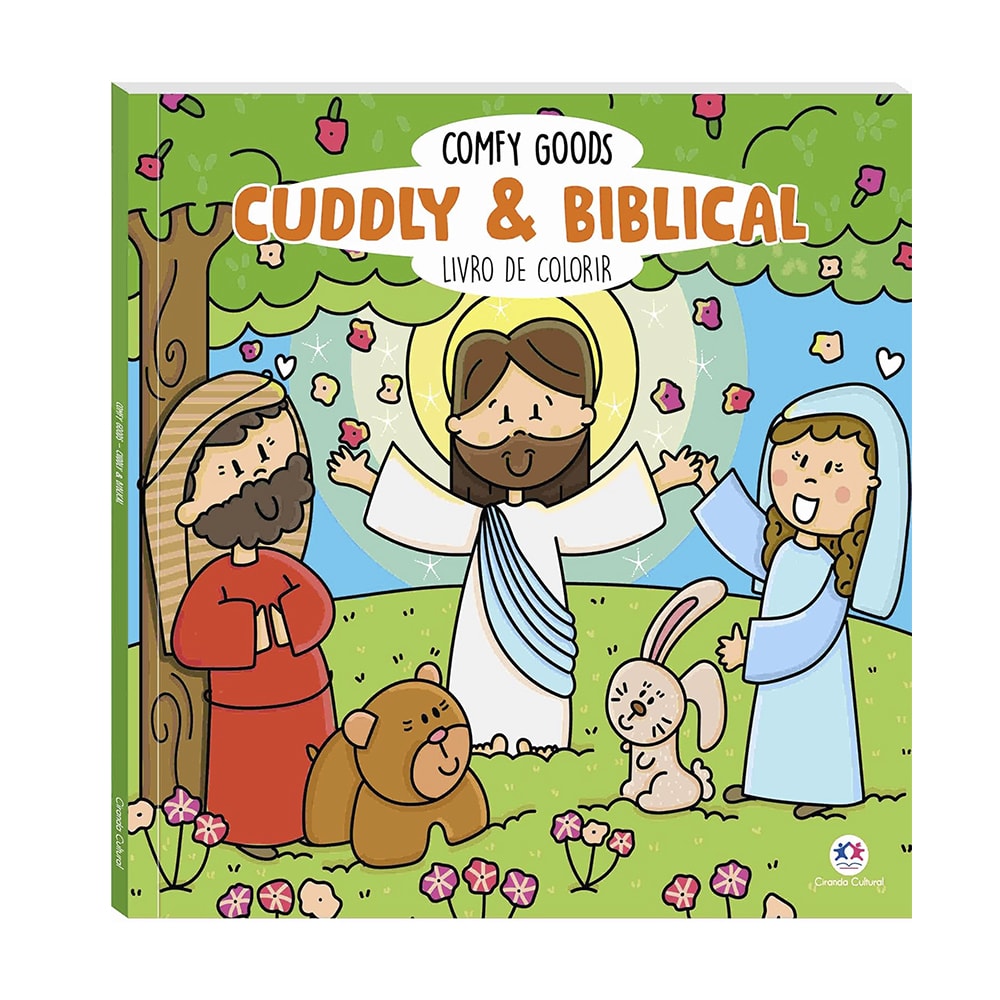 Livro de colorir Cuddly and Biblical, Comfy Goods, capa com Jesus, Maria e José e animais. — Plenitude