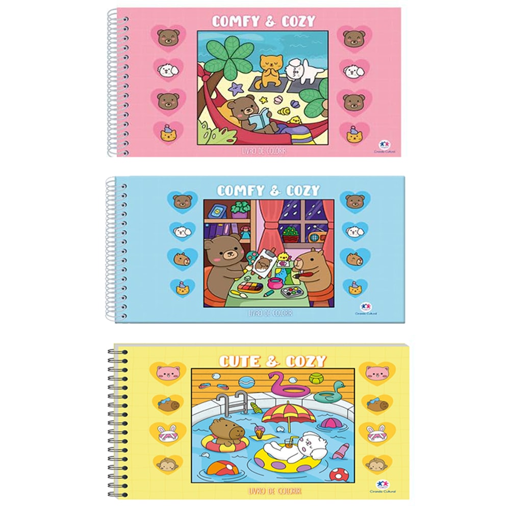 Kit Criativo, três livros de colorir "Comfy & Cozy" e "Cute & Cozy" com ursos e animais. — Plenitude