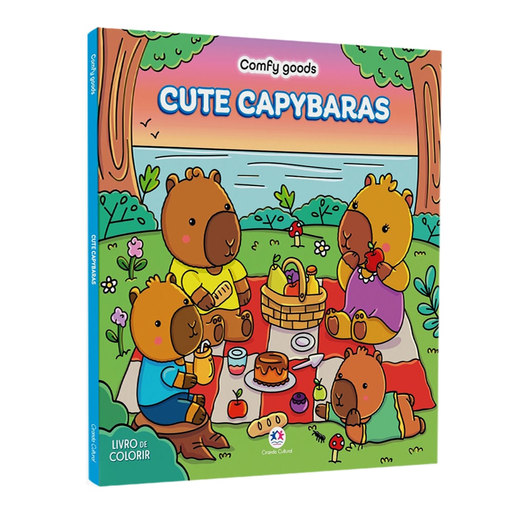 Livro de colorir Cute Capybaras, capa com quatro capivaras em um piquenique no campo. — Plenitude