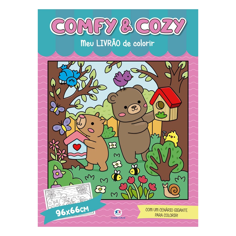 Livro de colorir "Comfy & Cozy Meu Livrão de Colorir" com ursos, pássaros e abelhas em cenário florestal. — Plenitude