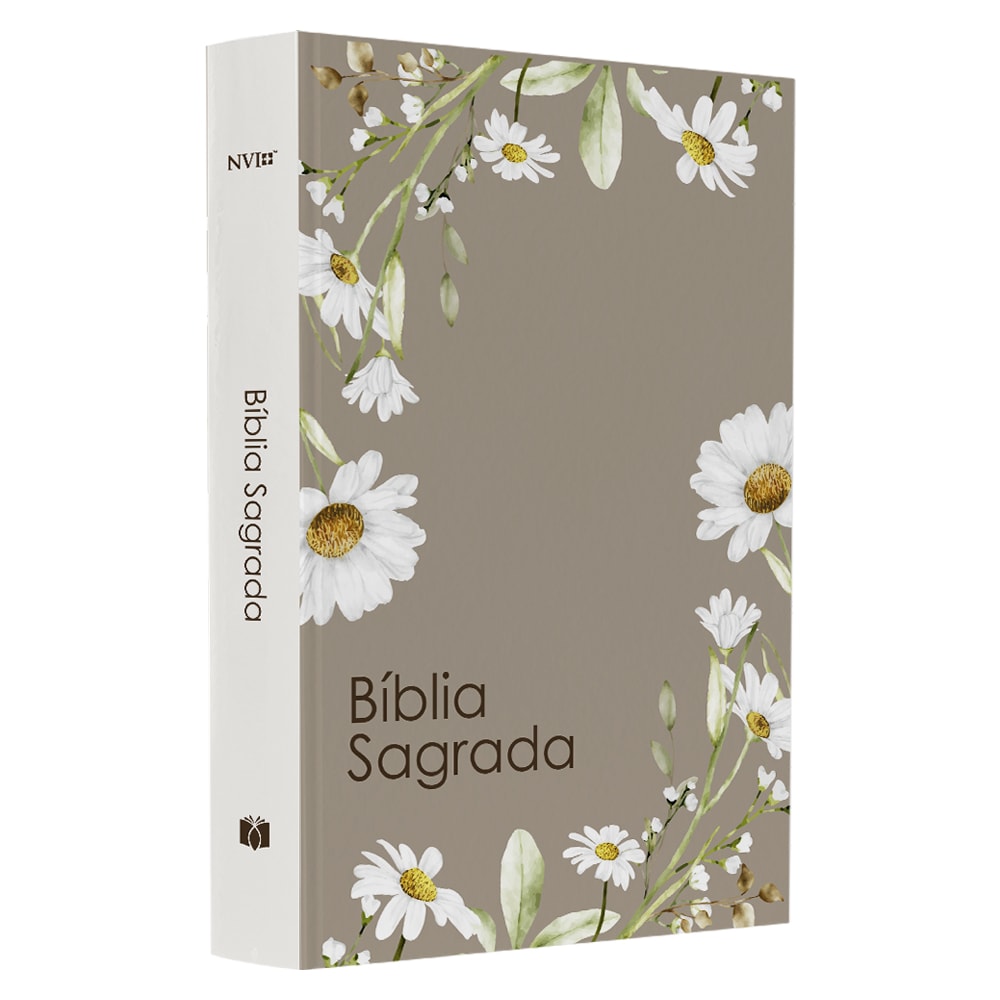 Bíblia Sagrada NVI capa dura cinza-claro com estampa de margaridas brancas. — Plenitude