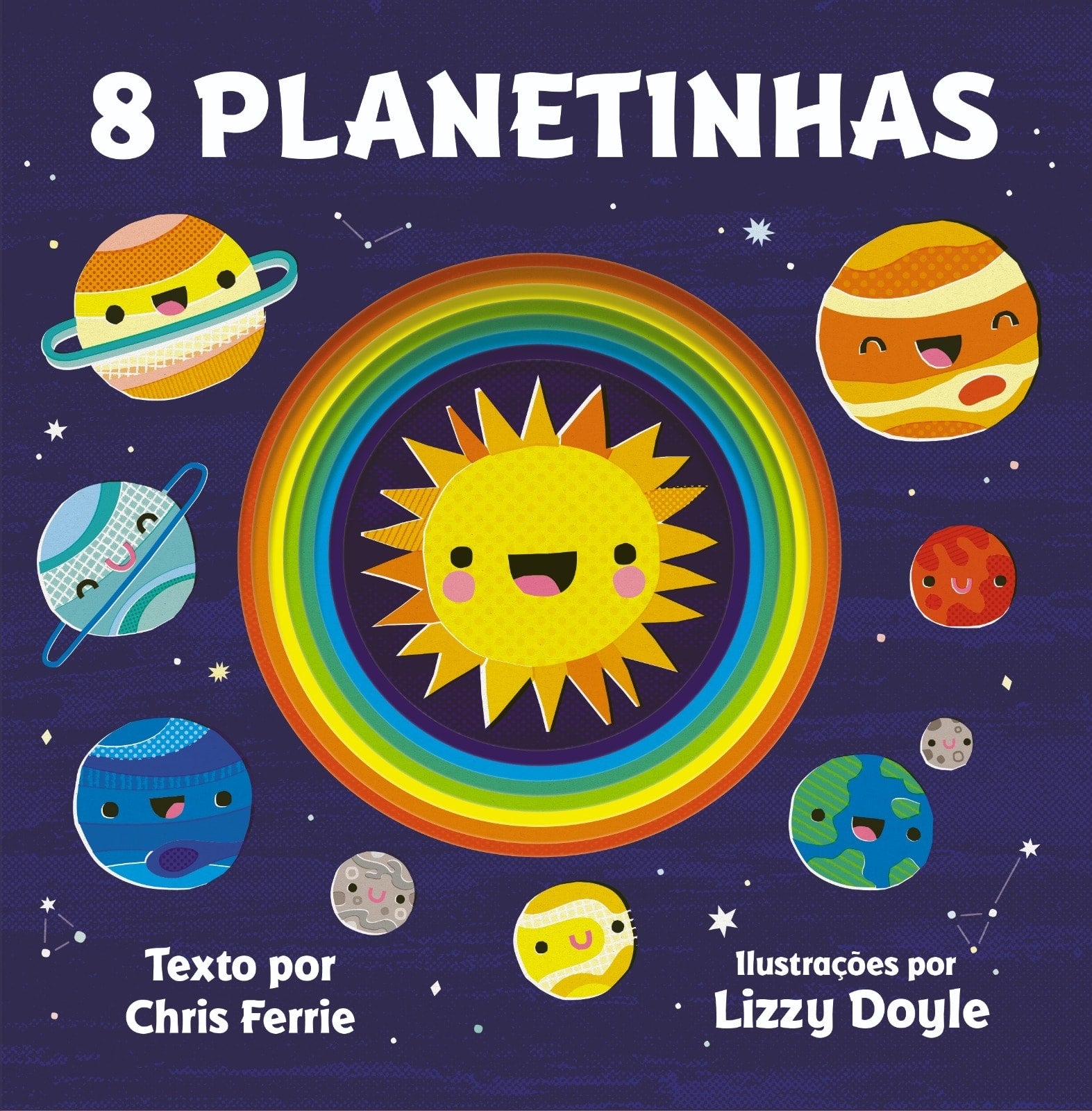 Livro infantil 8 Planetinhas, capa azul escura com planetas fofos. — Plenitude