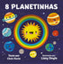 Livro infantil 8 Planetinhas, capa azul escura com planetas fofos. — Plenitude