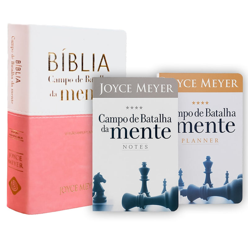 Kit Bíblia Campo de Batalha da Mente, branco e rosa, com livros de Joyce Meyer. — Plenitude