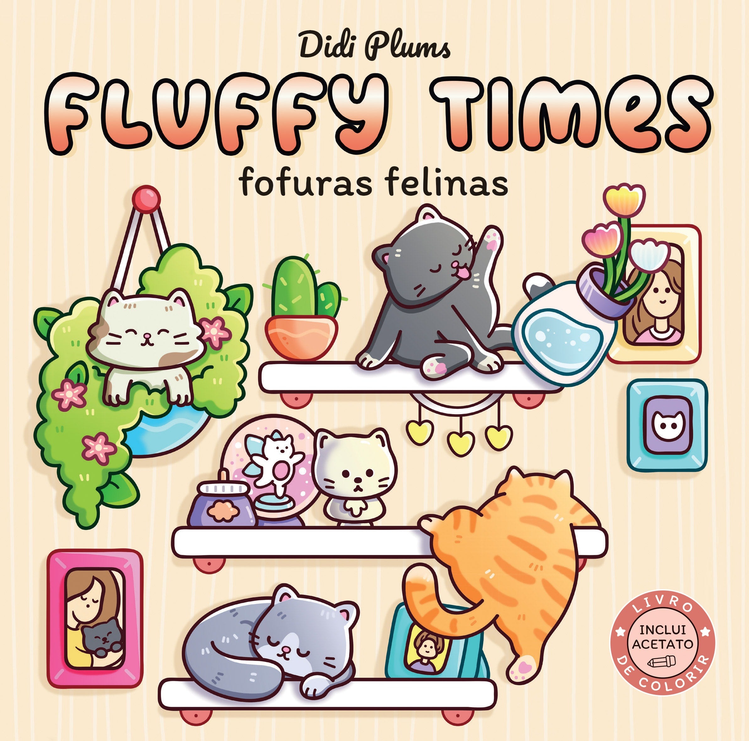 Capa do livro de colorir Fofuras Felinas, com gatos fofos em prateleiras e plantas. — Plenitude