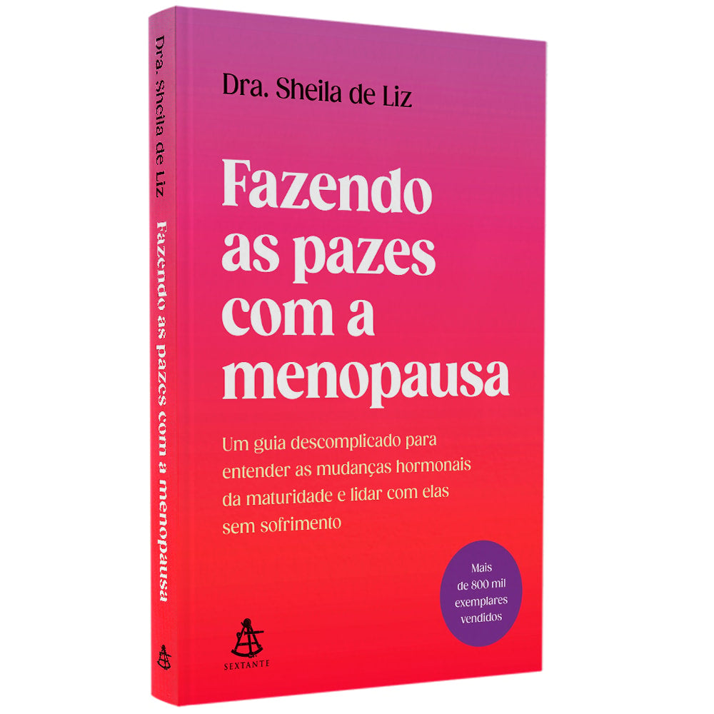 Livro Fazendo as Pazes Com a Menopausa, capa rosa e laranja com título em branco. — Plenitude