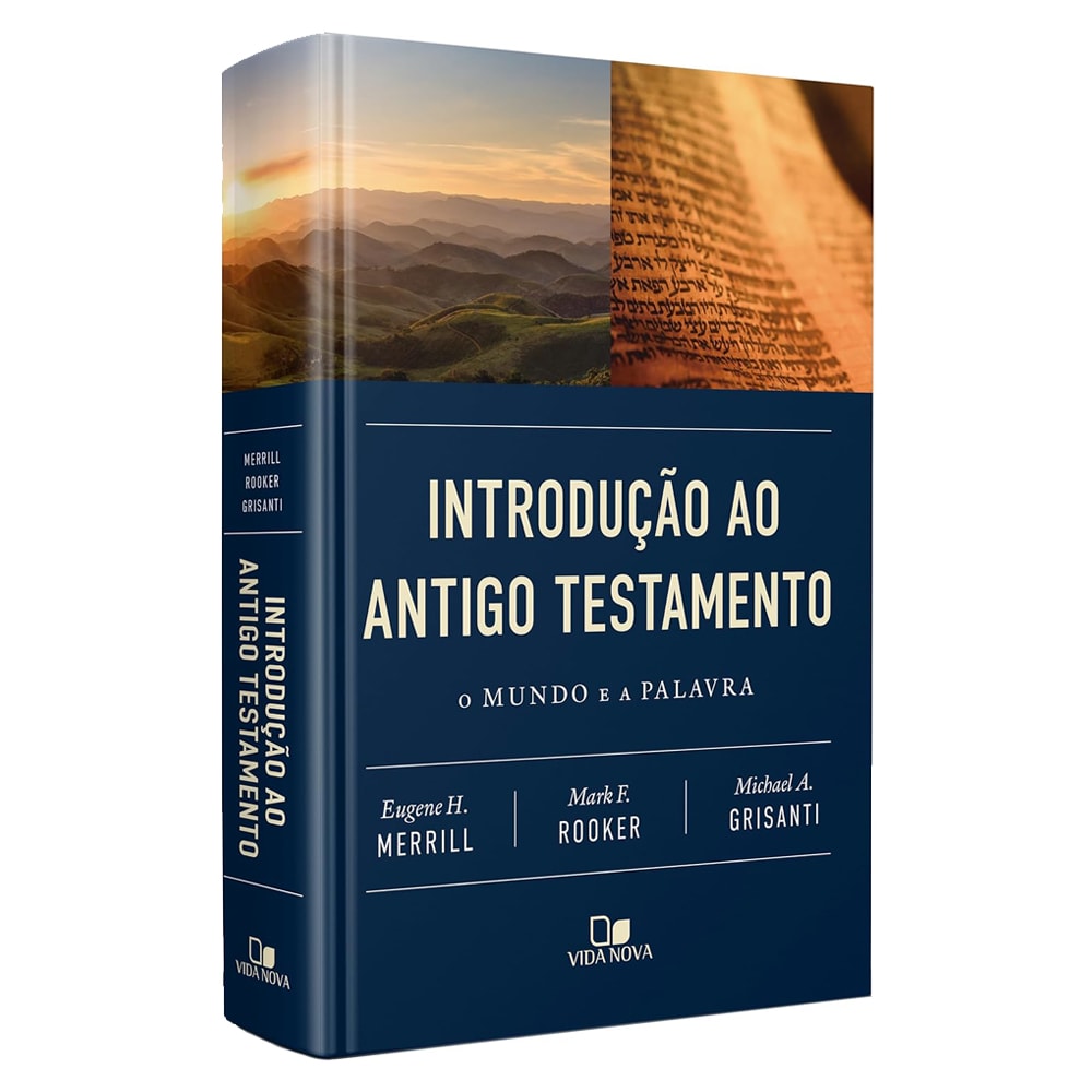 Livro Introdução ao Antigo Testamento, capa azul escura com paisagem e texto hebraico. — Plenitude