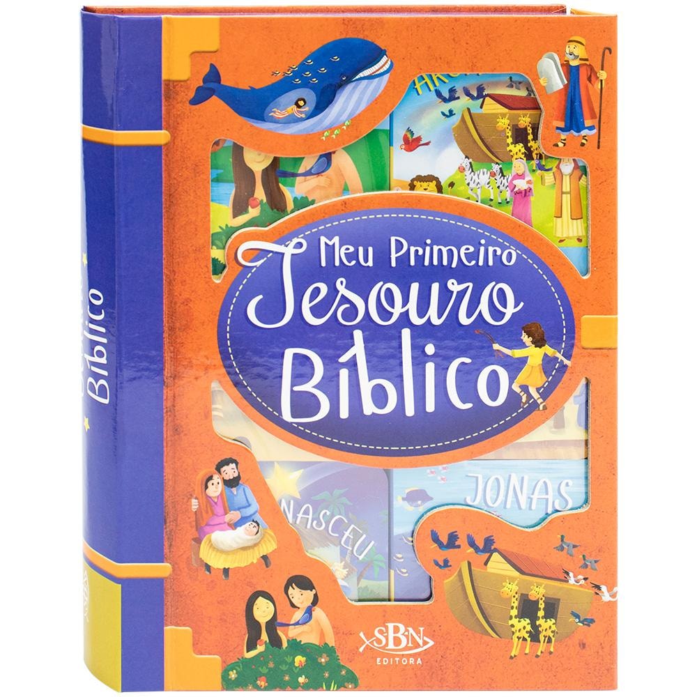 Box com 6 livros Meu Primeiro Tesouro Bíblico, da Todolivro, capa azul e laranja com ilustrações bíblicas. — Plenitude
