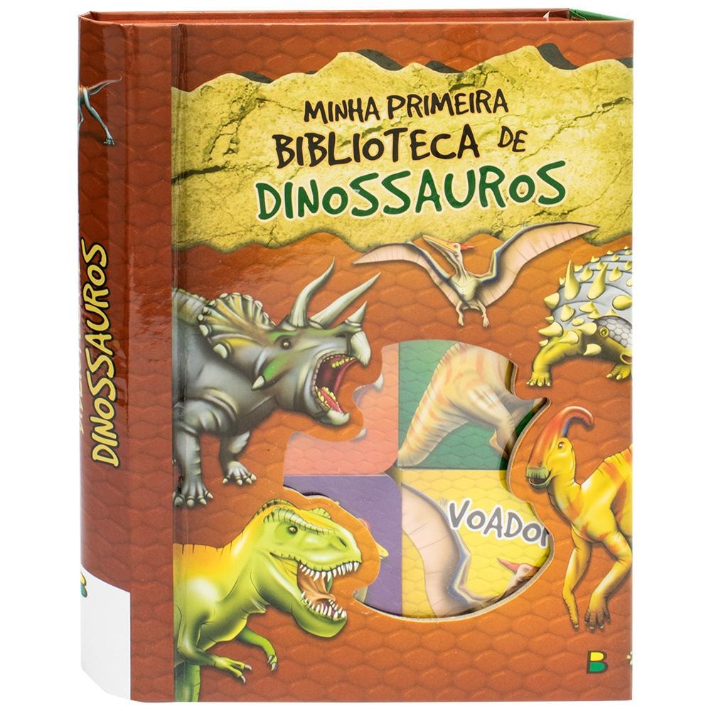 Box com 6 livros Minha Primeira Biblioteca de Dinossauros, da Todolivro, capa marrom com ilustrações de dinossauros. — Plenitude