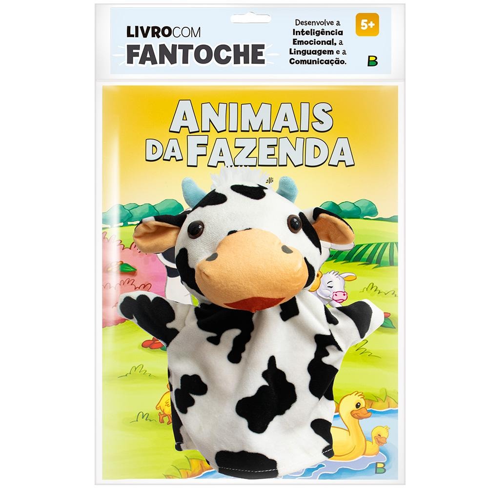 Livro com Fantoche: Animais da Fazenda, da Todolivro, embalagem transparente com livro e fantoche de vaca. — Plenitude