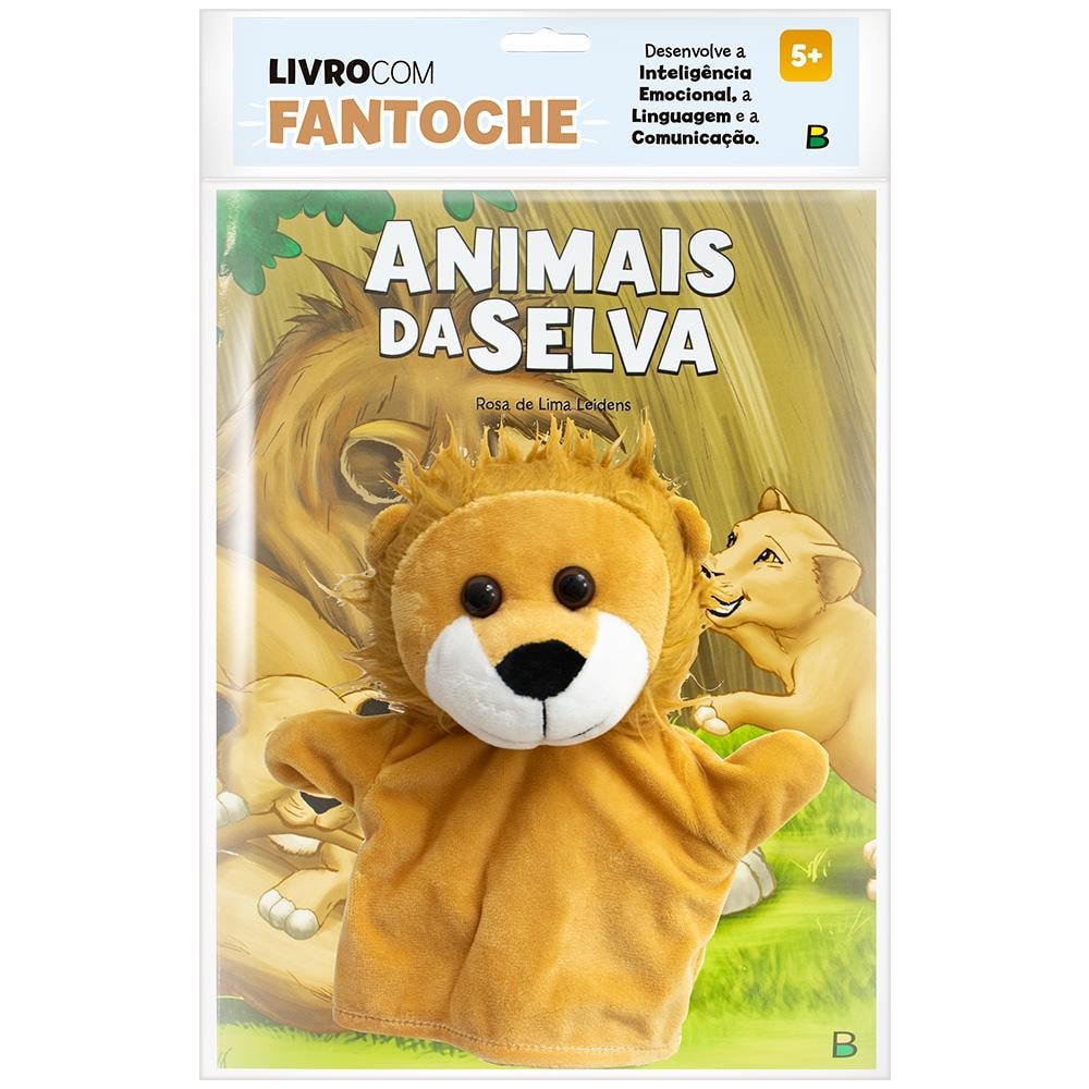 Livro com Fantoche: Animais da Selva, embalagem plástica com livro e fantoche de leão. — Plenitude